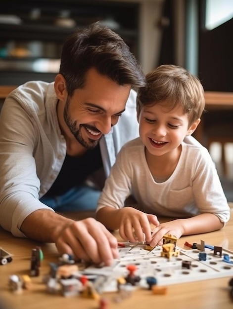 un père et son fils jouent ensemble à un jeu de société