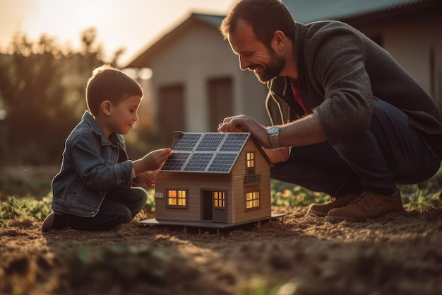 Un père et son fils jouent avec une maison modèle.