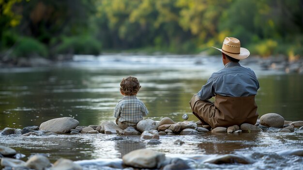 Un père et son fils passent leur temps à pêcher au bord du fleuve