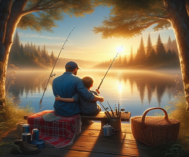 un père et son fils pêchant dans un lac avec un coucher de soleil en arrière-plan