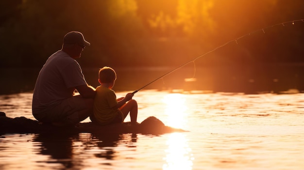 Un père et son fils pêchent au coucher du soleil.