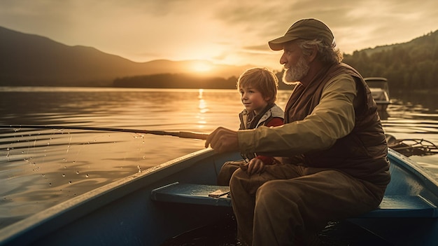 Un père et son fils pêchent sur un lac au coucher du soleil.