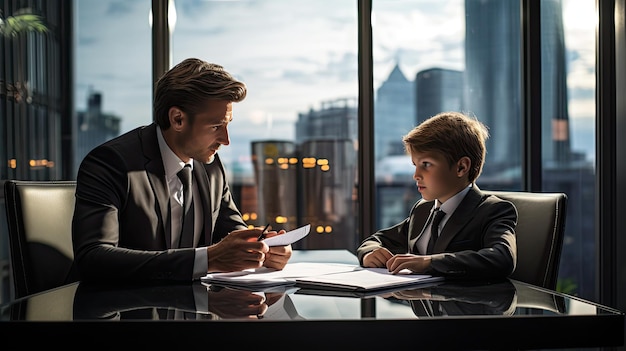 un père et son fils regardant un document qui dit " le mot " dessus.