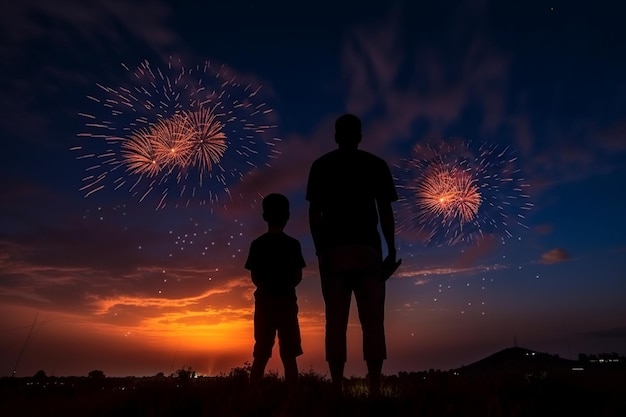 Un père et son fils regardent des feux d'artifice au coucher du soleil.