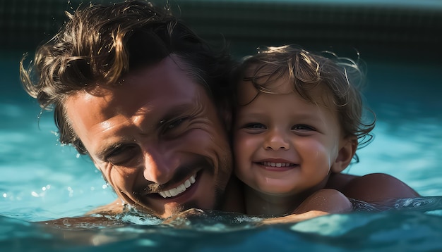 Un père et son fils s'amusent dans la piscine.