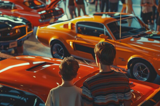 Photo un père et son fils à un salon de l'automobile