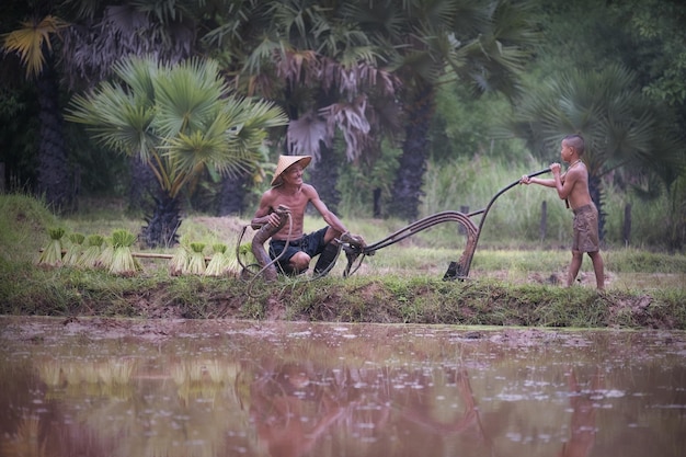 Un père et son fils sans chemise cultivent à la ferme.