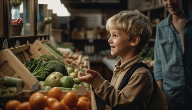 Photo un père et son fils se lient en choisissant des produits alimentaires sains dans un supermarché généré par l'ia