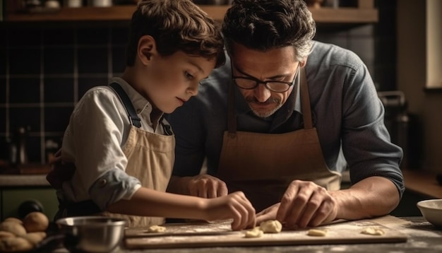 Photo un père et son fils se lient en faisant des biscuits faits maison dans une cuisine domestique générée par l'ia