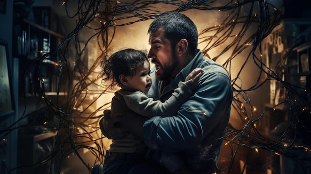 Photo un père et son fils se tiennent la main dans un fond sombre.