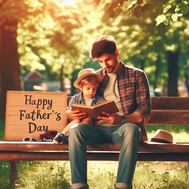 un père et son fils sont assis sur un banc en train de lire un livre avec un panneau disant joyeux jour du père