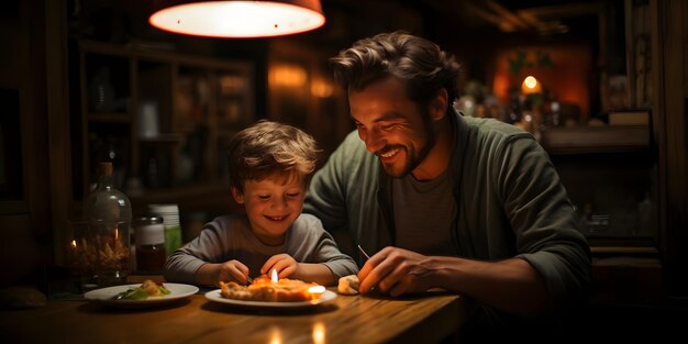 Un père et son fils souriant et appréciant le moment ensemble