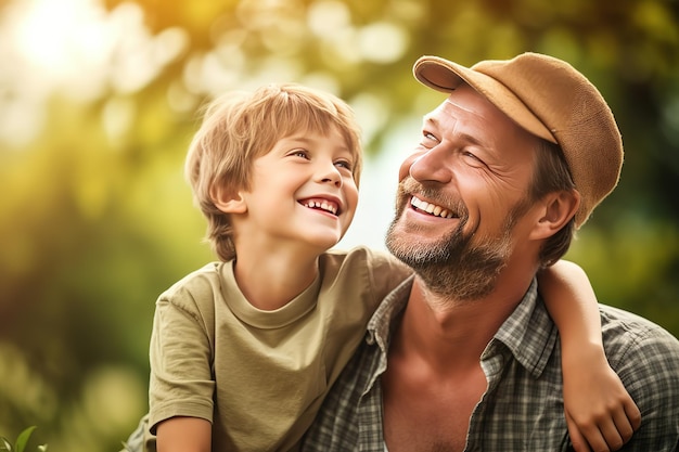 Un père et son fils souriant et regardant la caméra