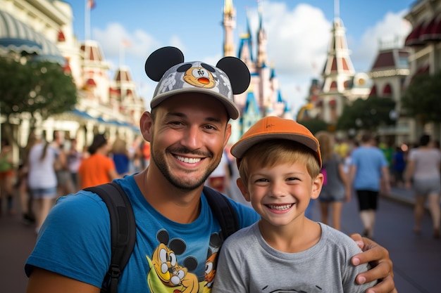 Un père et son fils sourient à la caméra.