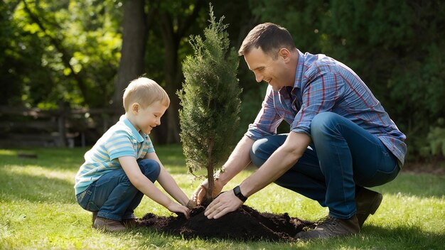 Un père et son petit fils plantent un arbre dans une cour.