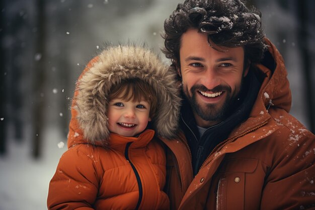 Photo un père soulève son petit fils en s'amusant ensemble à l'extérieur par une journée glaciale.