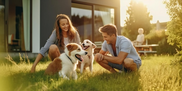 Un père souriant, une mère et un fils jouant dans la cour avec un chien.