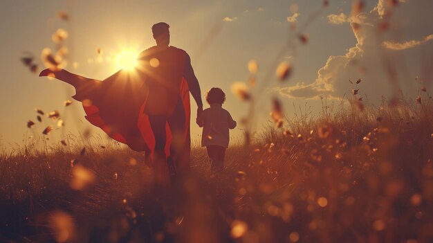 Photo un père super-héros et son enfant se promènent dans sunset field