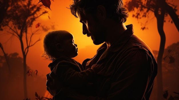 Un père tenant un enfant devant un concept de fête des pères au coucher du soleil