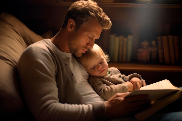 Un père tient doucement son enfant endormi pendant qu'il lit dans une pièce chaleureusement éclairée.