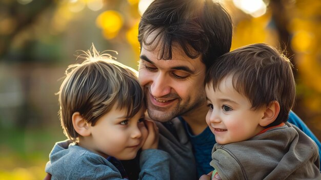 un père tient ses enfants dans ses bras et l'enfant sourit