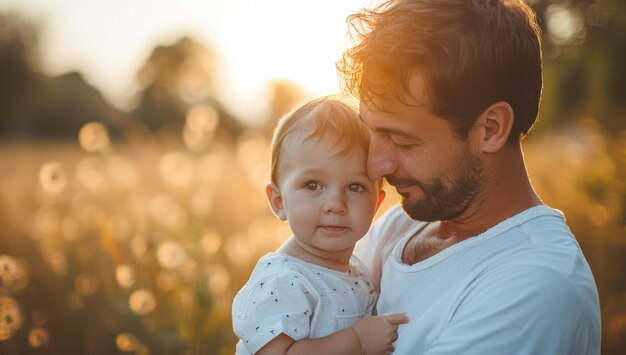 Un père tient son enfant dans un champ doré au coucher du soleil.