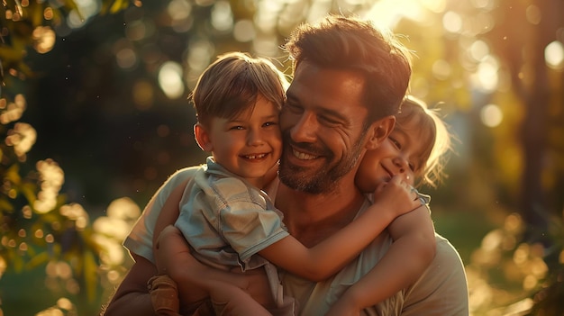 un père tient son fils dans ses bras au soleil