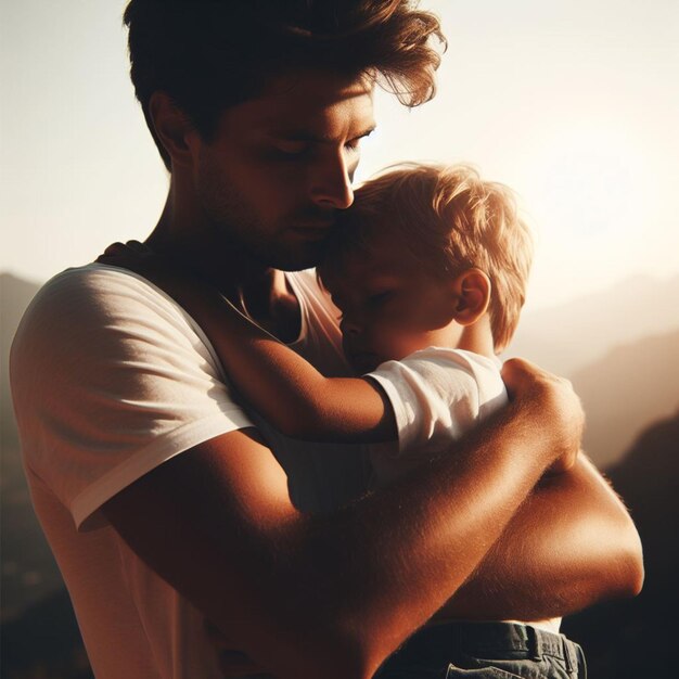 Un père tient son fils dans ses bras et l'embrasse l'après-midi.