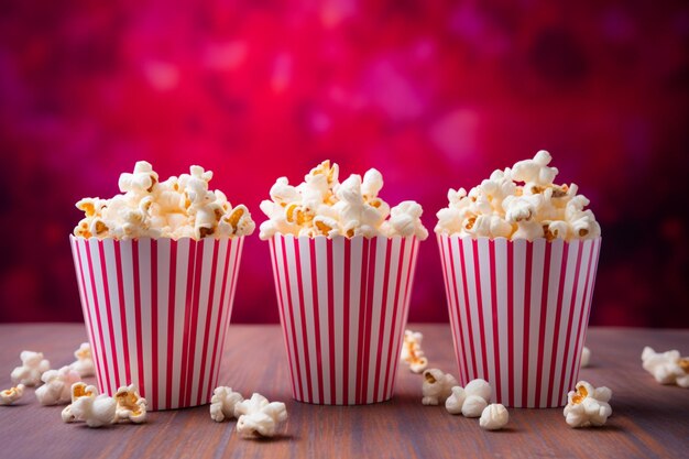 La perfection du pop-corn sur une table à thème de cinéma rose invitant à l'indulgence de la vue de devant