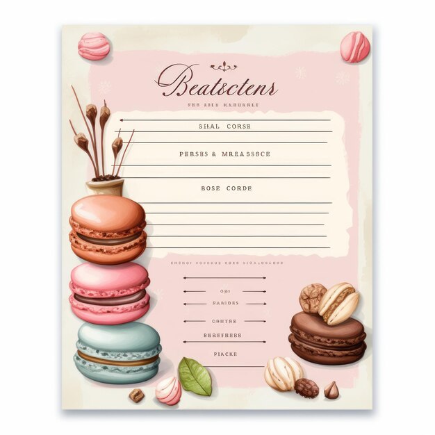 Photo la perfection de la pâtisserie des macarons délicieux sur une carte de recettes 3x5