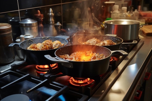 Photo performance culinaire les casseroles au travail sur le poêle à gaz de la cuisine