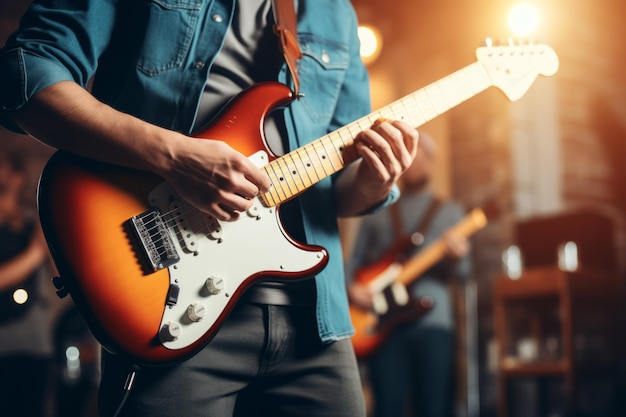 Performance sur scène de concert vibrante par un groupe de musique avec un guitariste captivant concept flou