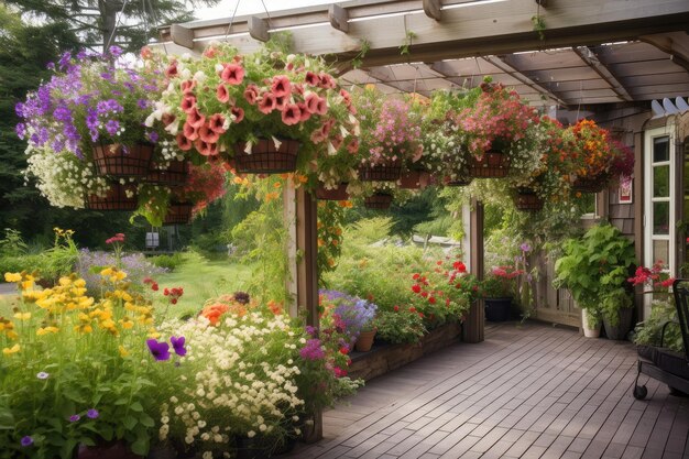 Pergola avec paniers suspendus débordant de fleurs en arrière-plan d'un jardin