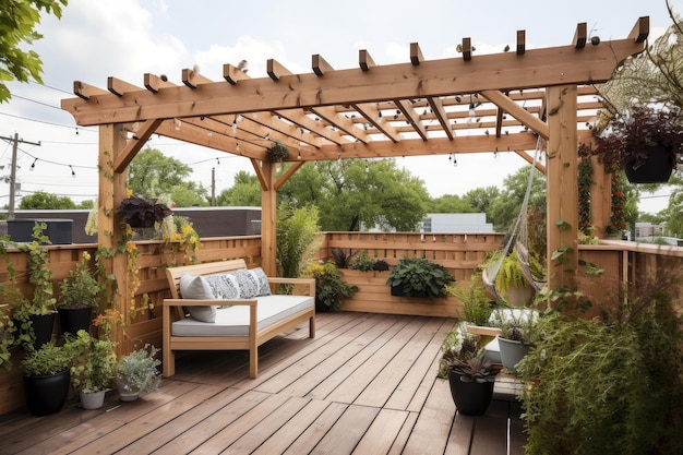 Pergola sur terrasse avec chaises longues et plantes en pot