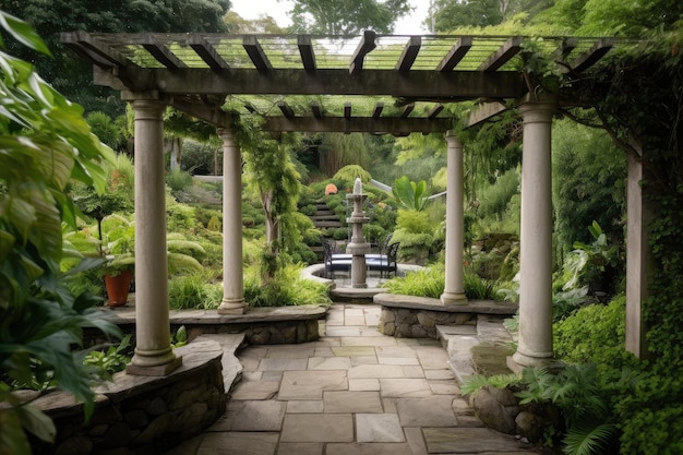 Pergola avec vue sur le jardin et cascade entourée d'une végétation luxuriante