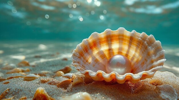 Une perle dans une coquille ouverte vue rapprochée sous l'eau