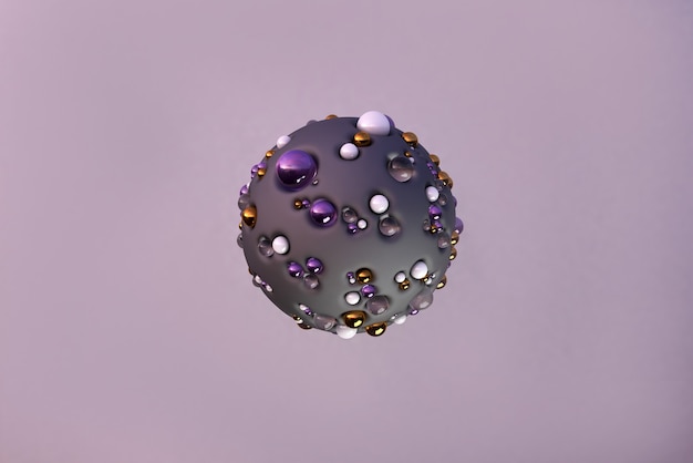 Photo perle dorée volante et formes géométriques en verre en mouvement ensemble dynamique de sphères réalistes en lévitation fond moderne en illustration de rendu 3d de couleur violet foncé