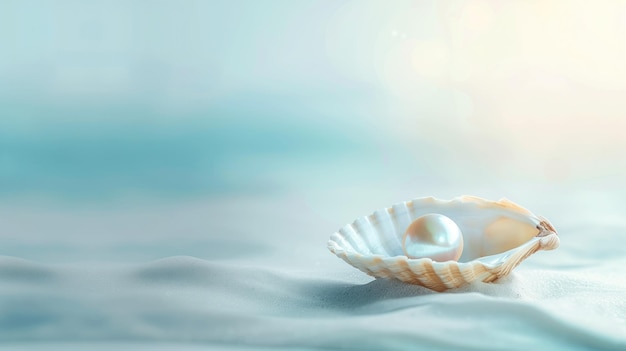Une perle nichée dans une coquille de mer sur une plage douce.