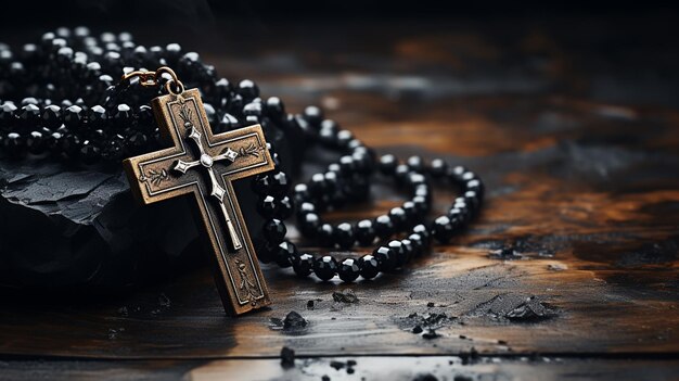 Perles avec une croix sur le fond de table en pierre foncée