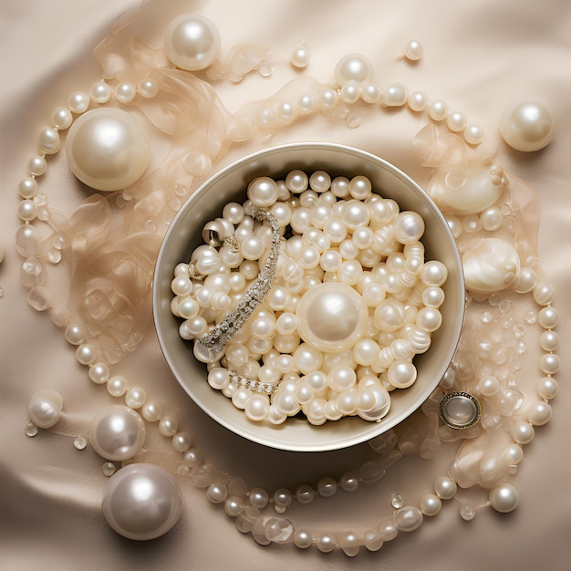 Photo des perles à plat sur fond de soie des perles sur fond de papier peint de perles