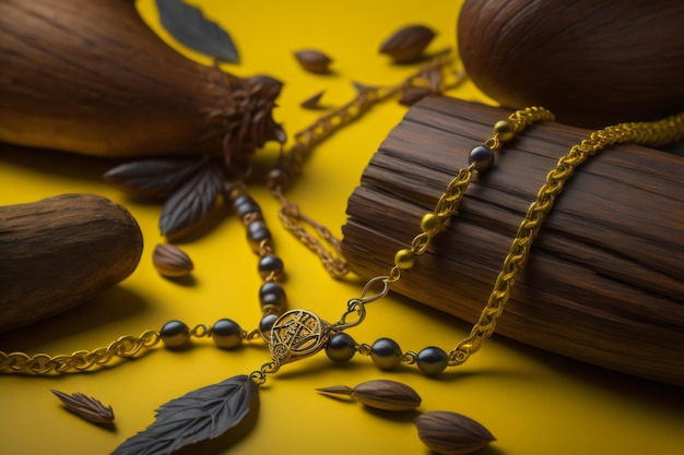 Perles de prière bouddhiste et tassels sur fond jaune