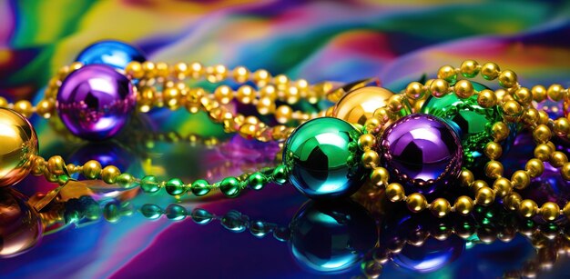 Des perles scintillantes de Mardi Gras aux teintes vert or et violet sur un fond réfléchissant multicolore