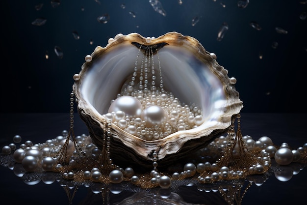 Les perles tombent d'une coquille avec une chaîne autour d'elle générative ai