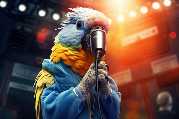 Un perroquet anthropomorphe qui chante du rap dans la rue.