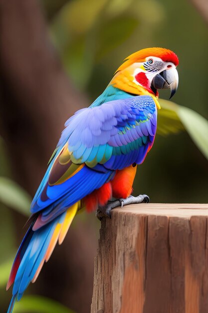 Perroquet ara coloré assis sur la clôture en bois dans le parc