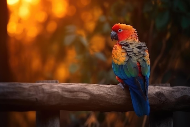 Perroquet ara coloré assis sur une clôture en bois