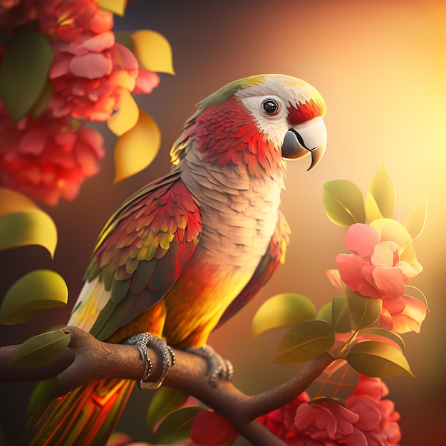 Photo perroquet sur arbre avec fond de lumière du soleil ai généré