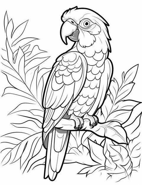 un perroquet assis sur une branche avec des feuilles et des feuilles autour de lui