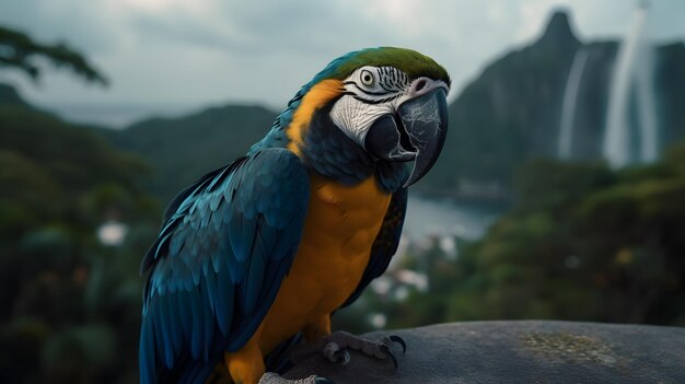 Un perroquet au visage bleu et jaune est assis sur une branche devant une montagne.