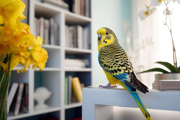 Photo un perroquet budgerigar assis sur une table dans la pièce